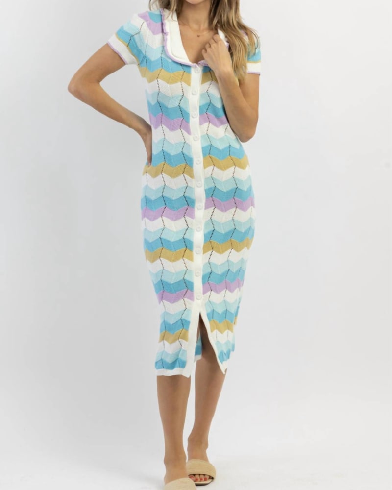 Front of a model wearing a size L Stripe Crochet Midi Dress In Siesta Blue in Siesta Blue by MABLE. | dia_product_style_image_id:354844